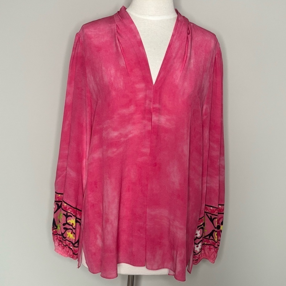 Kobi Halperin Pink Silk Watercolor Floral Cuff Blouse, size Large